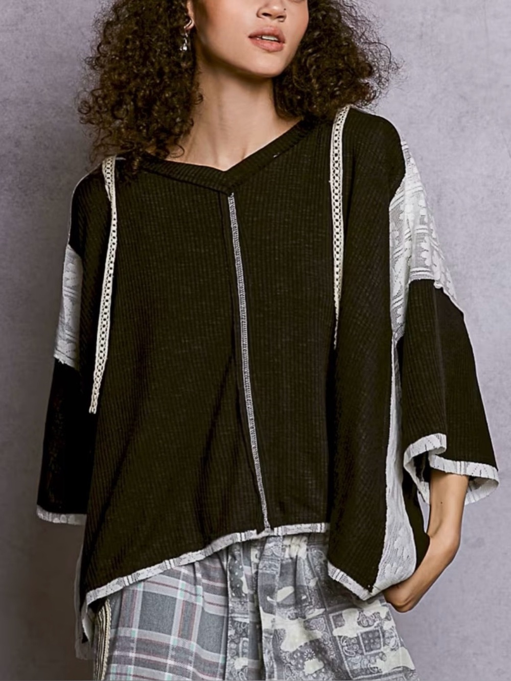 POL Black and White Oversized Pullover Hooded Top